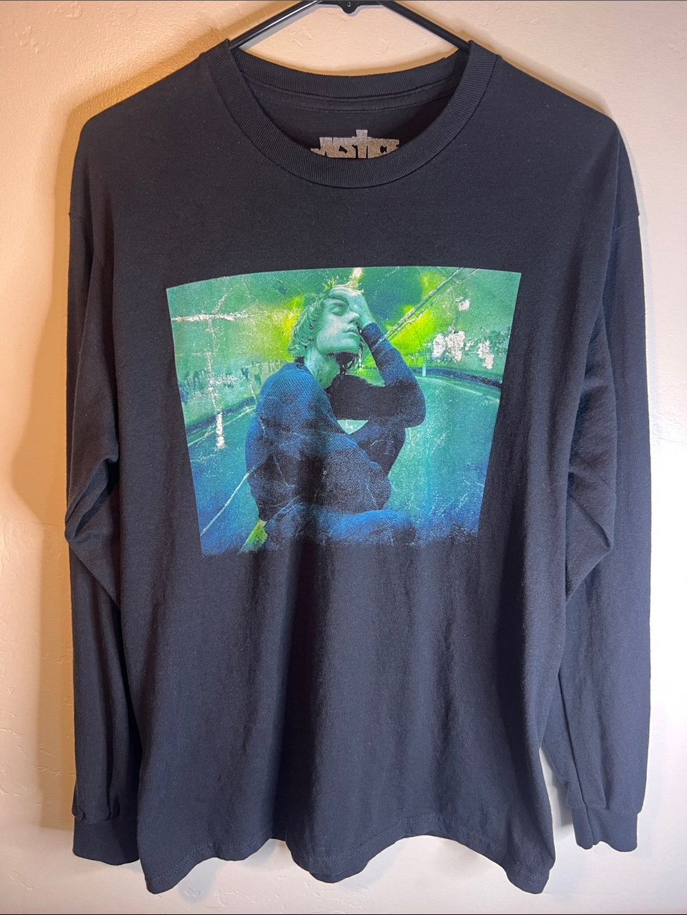 Justin Bieber Black Long-Sleeve Tee with Green and Blue Photo Print